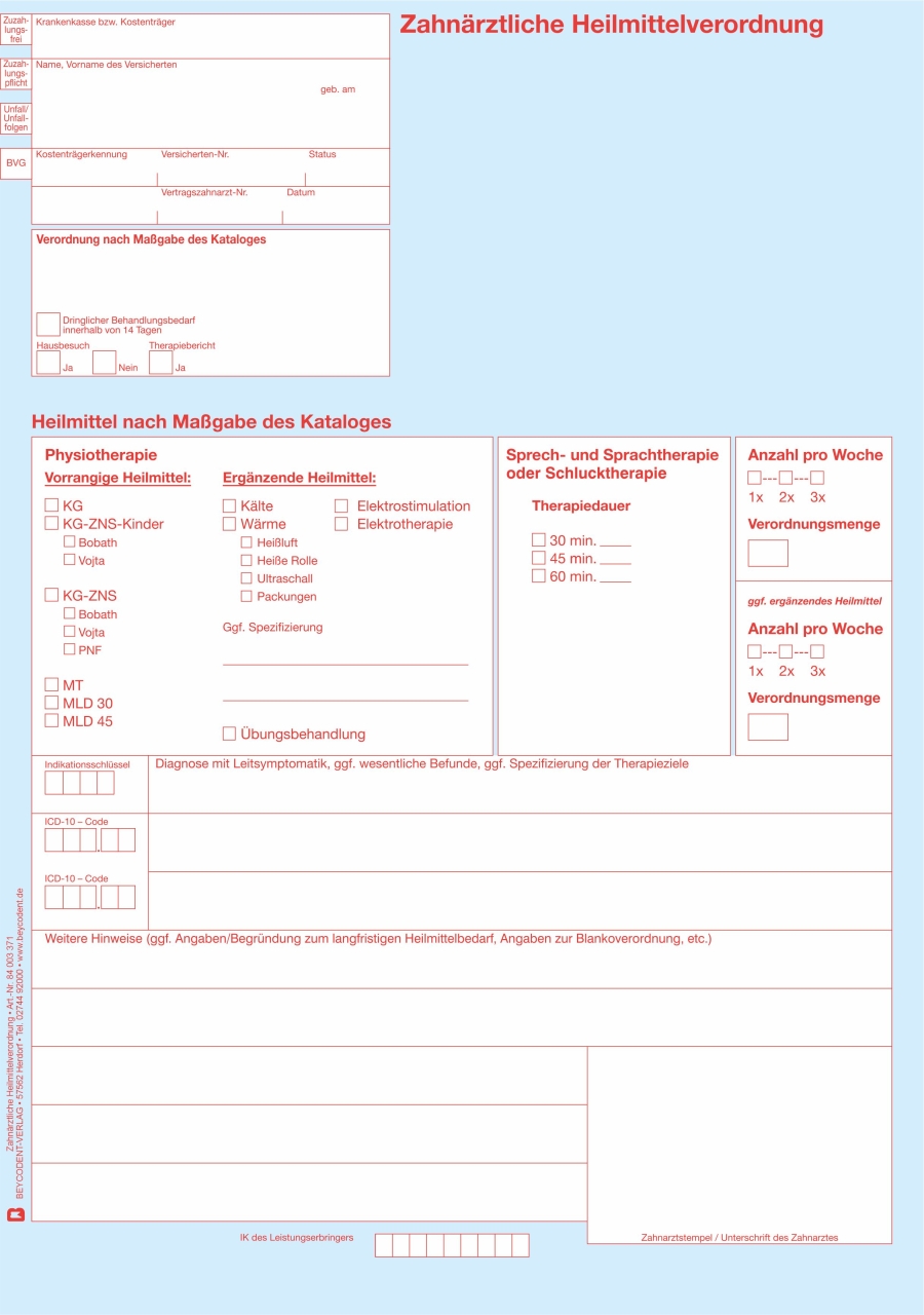 Zahnärztliche Heilmittelverordnung Formular hier online bestellen