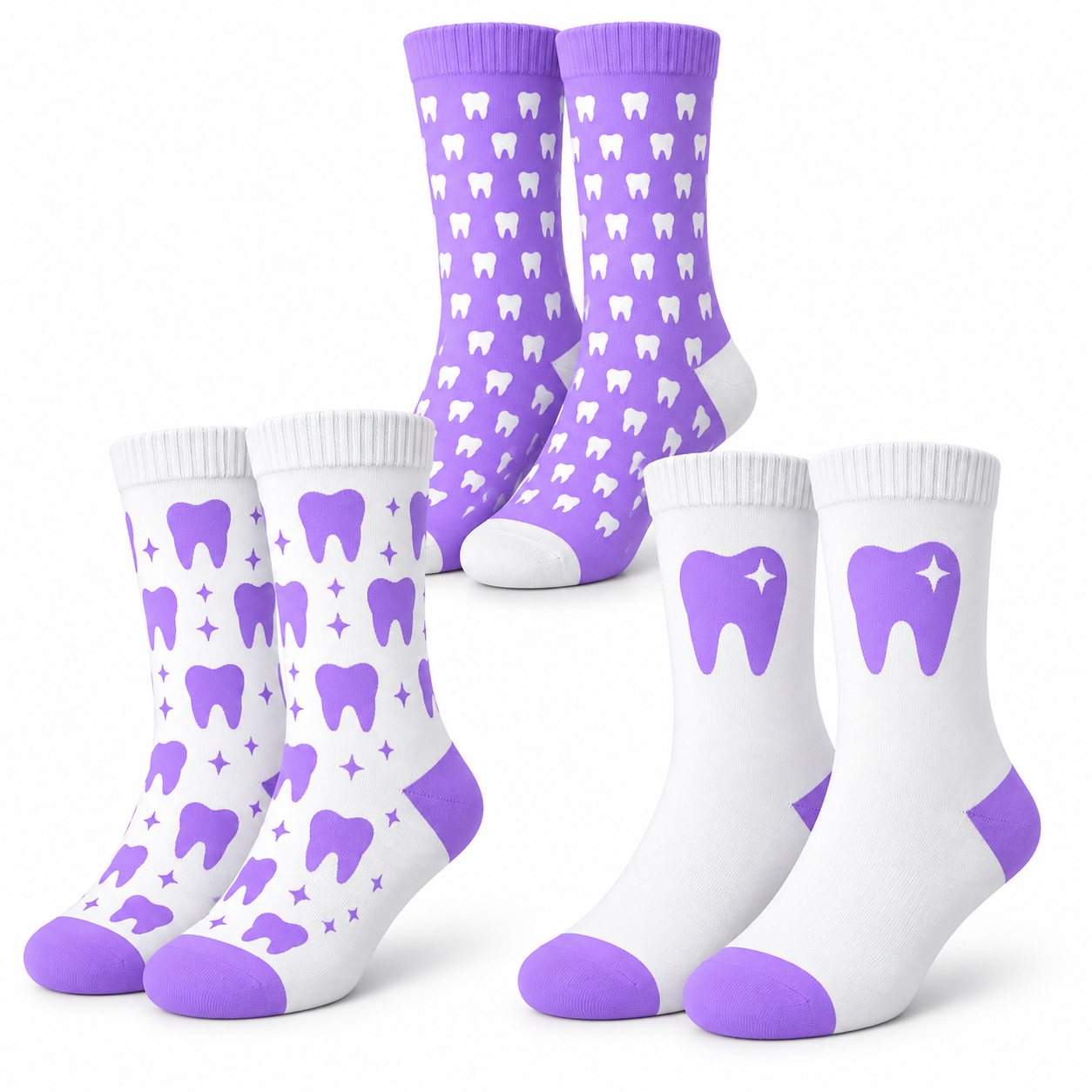 Zahnarzt Socken 3er Pack „Berry Bright“ – Lustige Zahn Socken für Zahnärzte & ZFA – Geschenk Zahnarzt – violett, unisex 38–44