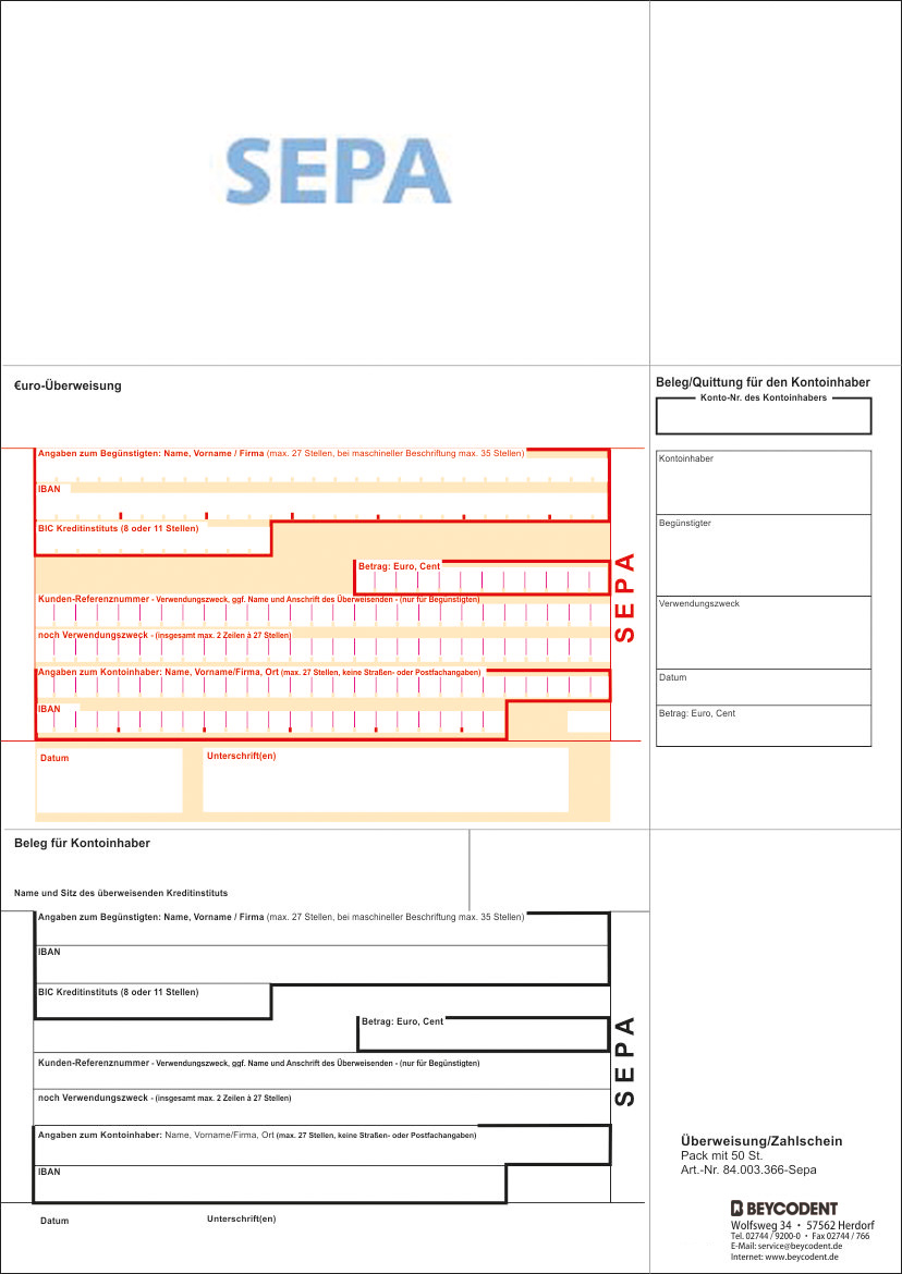 Überweisung/Zahlschein SEPA A4: IBAN-BIC A4