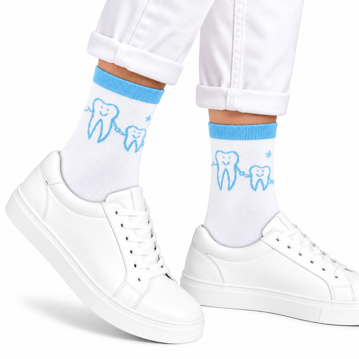 Zahn Motiv Socken "Dreamteam" weiß hellblau, BEYCO-SOCKS – Lustiges Dental Motiv für das Praxisteam, Onesize 38-44