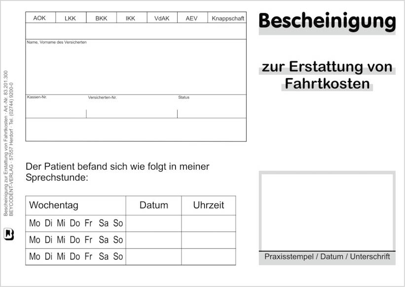 Bescheinigung zur Erstattung von Fahrtkosten