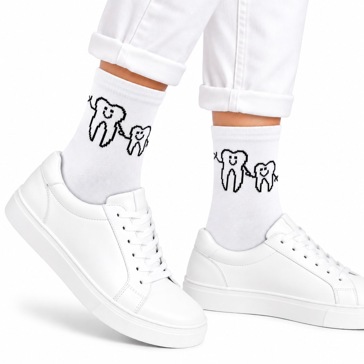Zahn Motiv Socken "Dreamteam" weiß schwarz, BEYCO-SOCKS – Lustiges Dental Motiv für das Praxisteam, Onesize 38-44