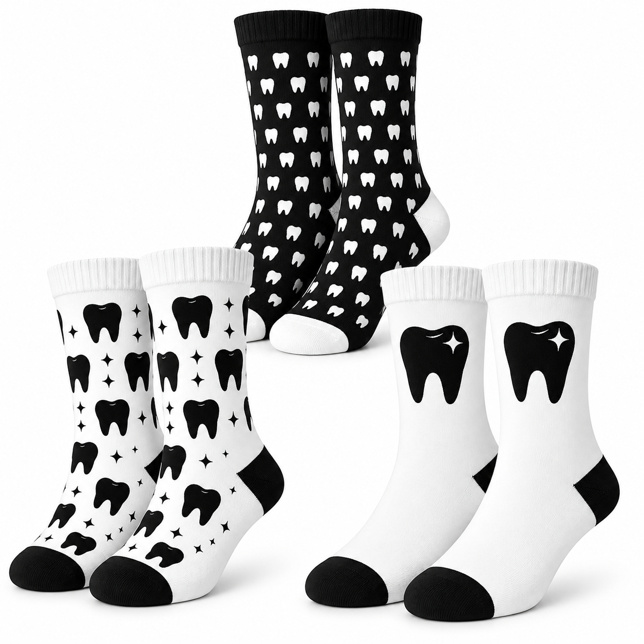 Zahnarzt Socken 3er Pack „Midnight Molar“ – Lustige Zahn Socken für Zahnärzte & ZFA – Geschenk Zahnarzt – schwarz, unisex 38–44