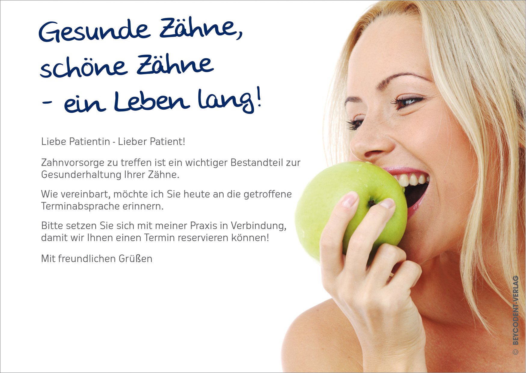 Zahnvorsorgekarte - Motiv: Frau mit Apfel