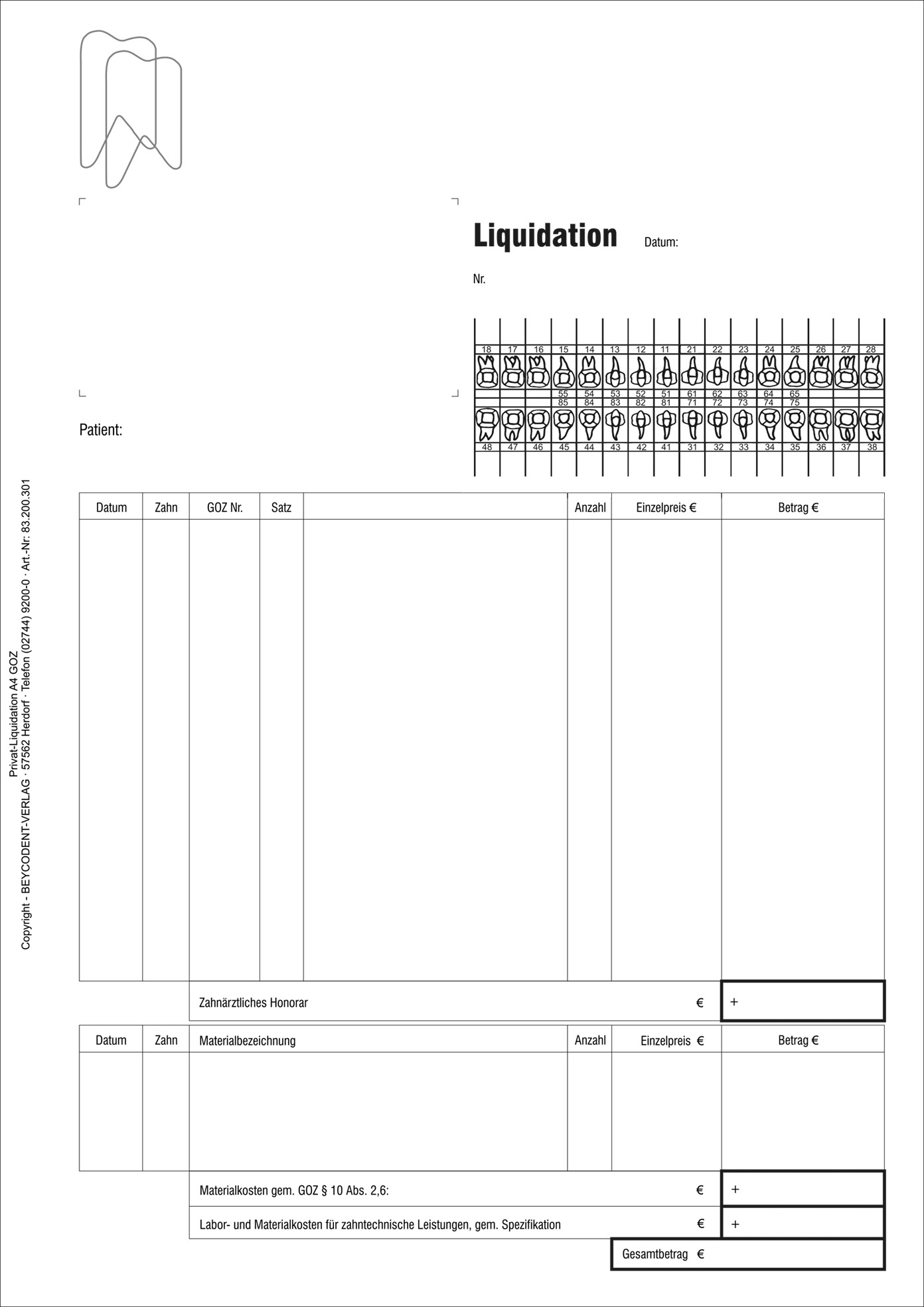 Privatliquidation mit Rückseite GOZ