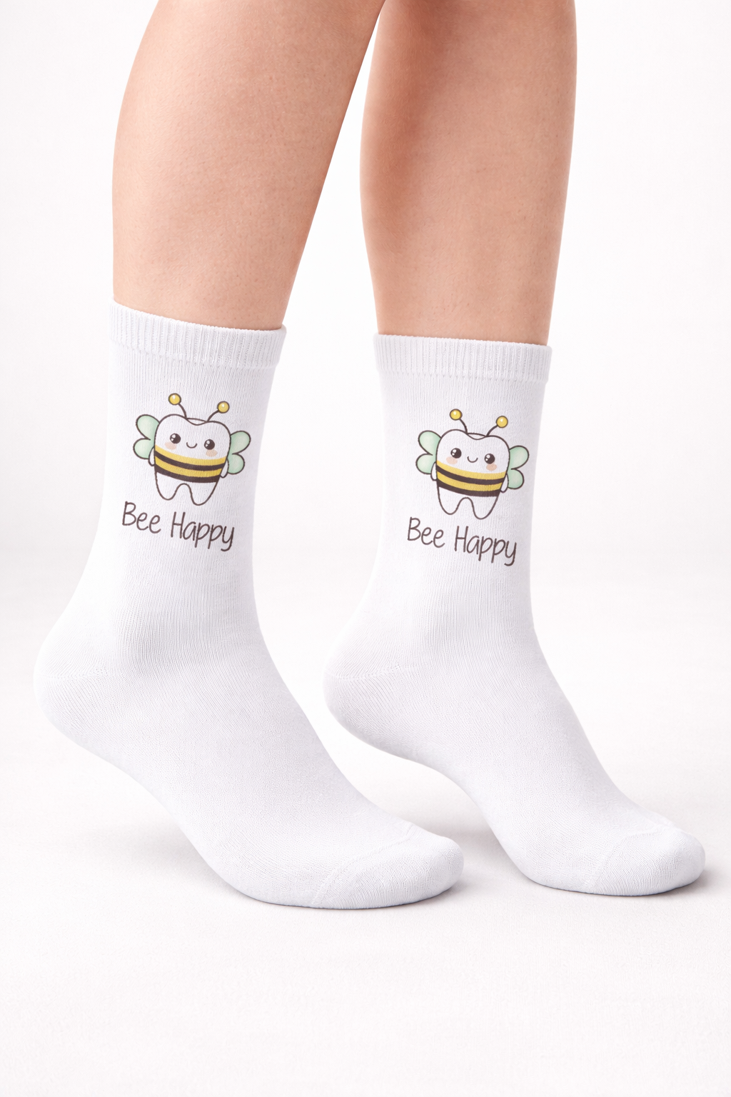 Zahnarzt Socken "Bee Happy" weiß – Lustiges Biene & Zahn Motiv für die Praxis – unisex
