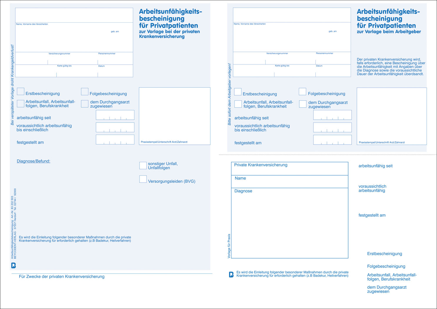 Arbeitsunfähigkeits-Bescheinigung AU PKV blau für Privatpatienten