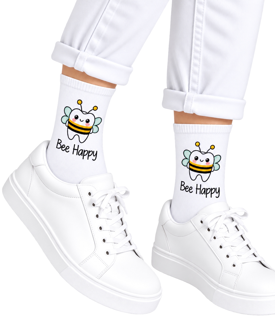 Zahn Motiv Socken "Bee Happy" weiß, BEYCO-SOCKS – Lustiges Biene & Zahn Motiv für die Praxis, Onesize 38-44