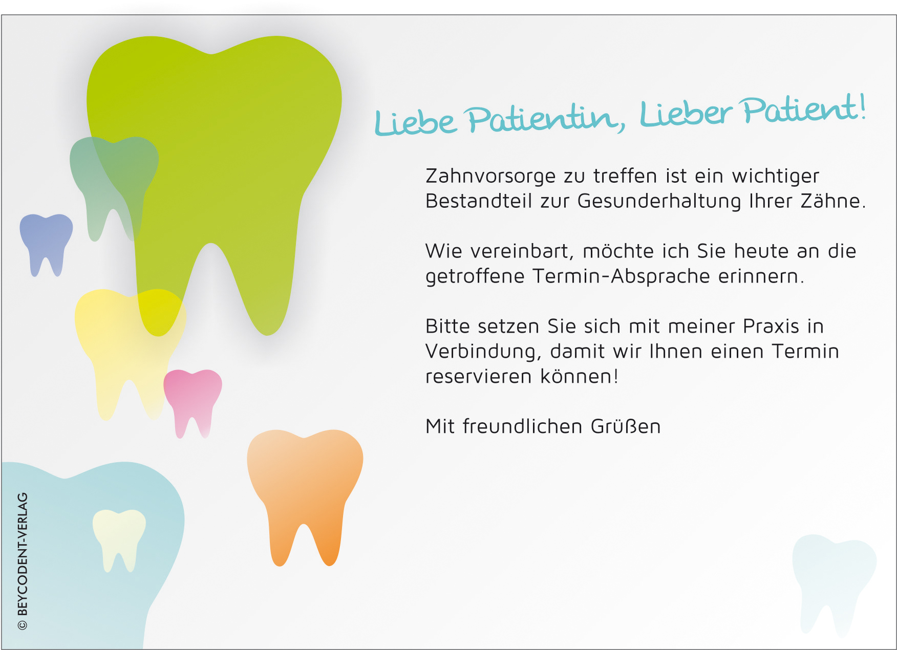 Zahnvorsorgekarte - Motiv: Zähne bunt
